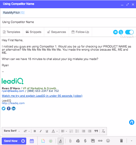 Example of a cold email about a competitor in an outreach sequence