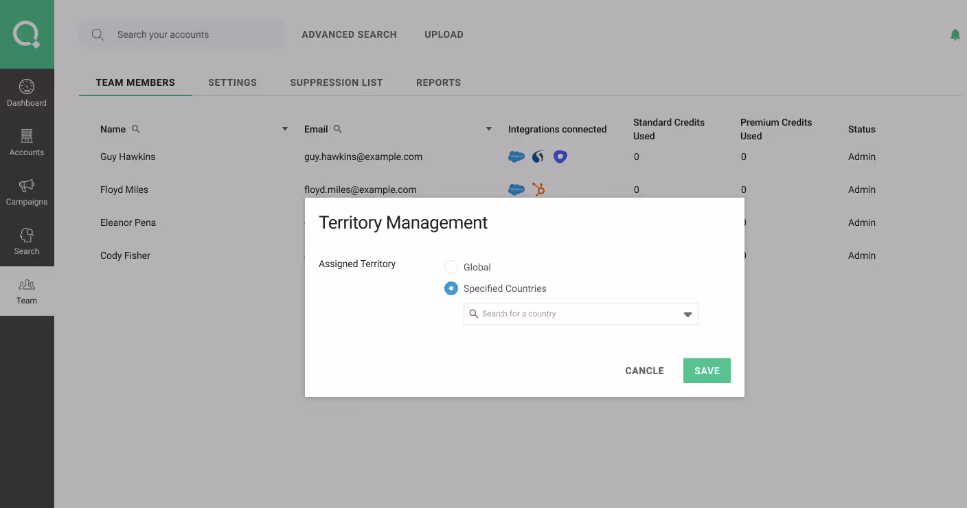 Screenshot of LeadIQ team Territory Management settings