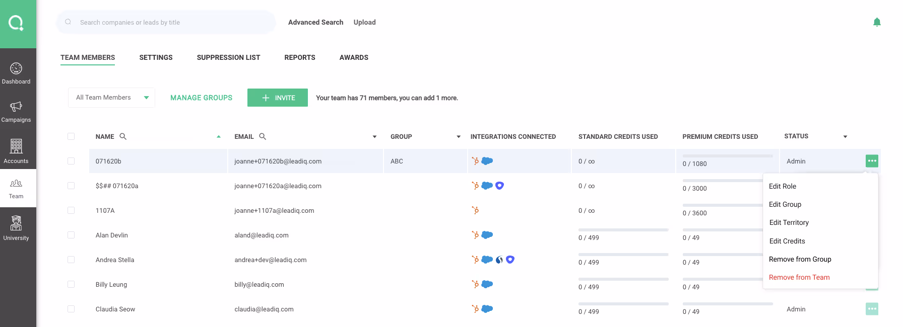 Screenshot of LeadIQ Team Management and Group Settings