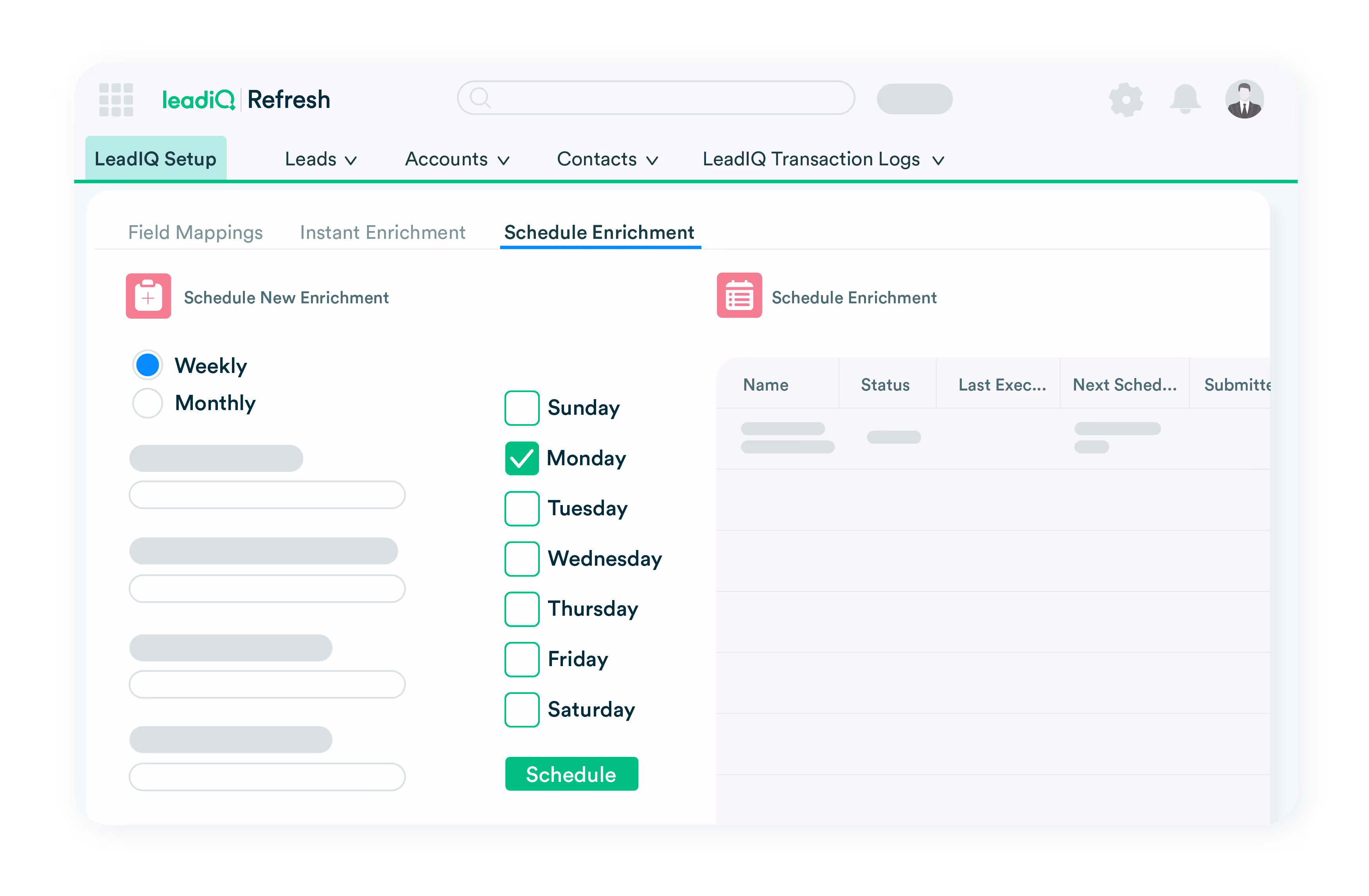 Product mockup showing LeadIQ Refresh schedule enrichment settings