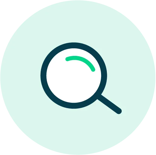 Magnifying glass icon in a green background.