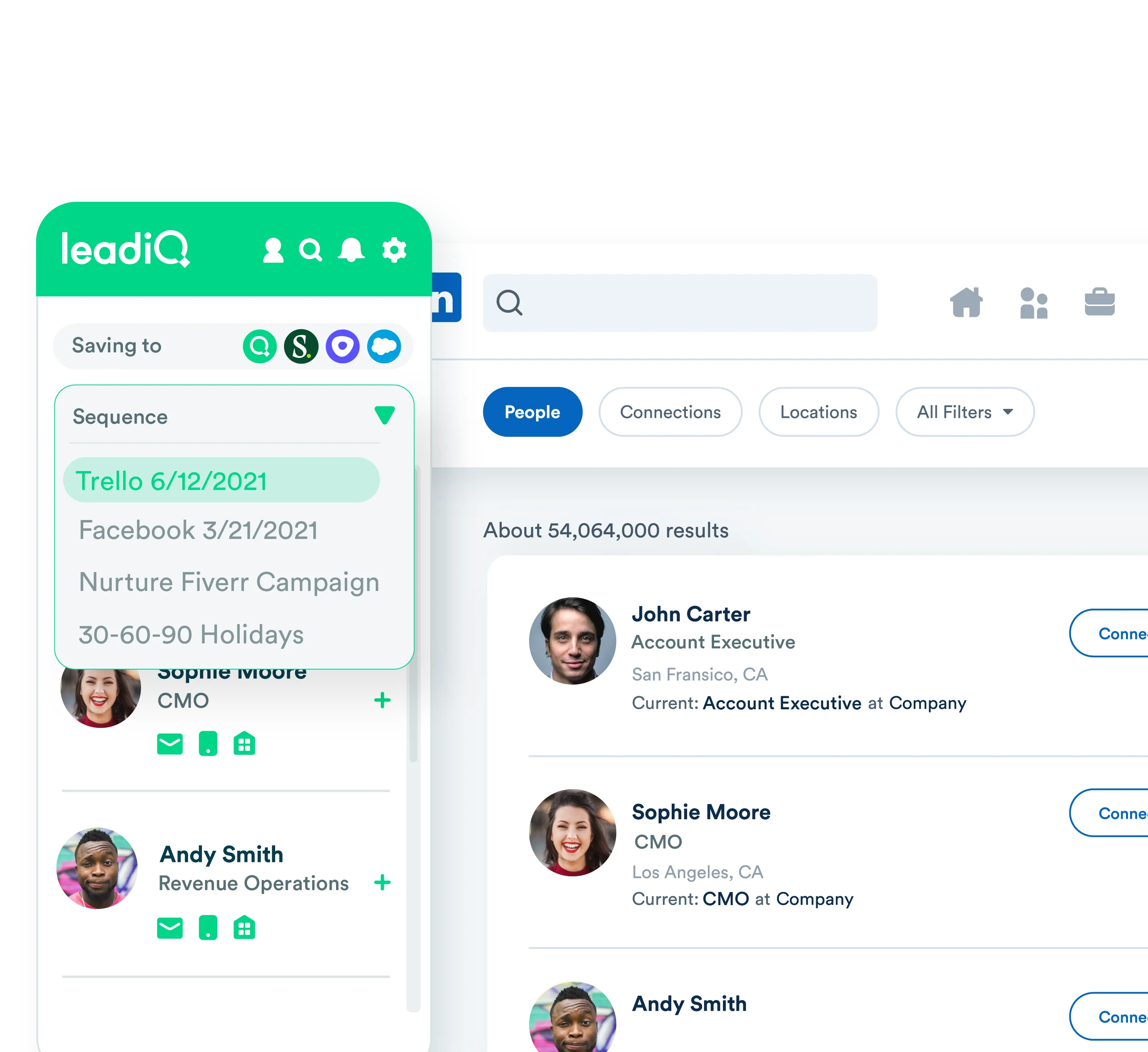 Mockup of LeadIQ Prospector showing its sequence and cadence integrations.