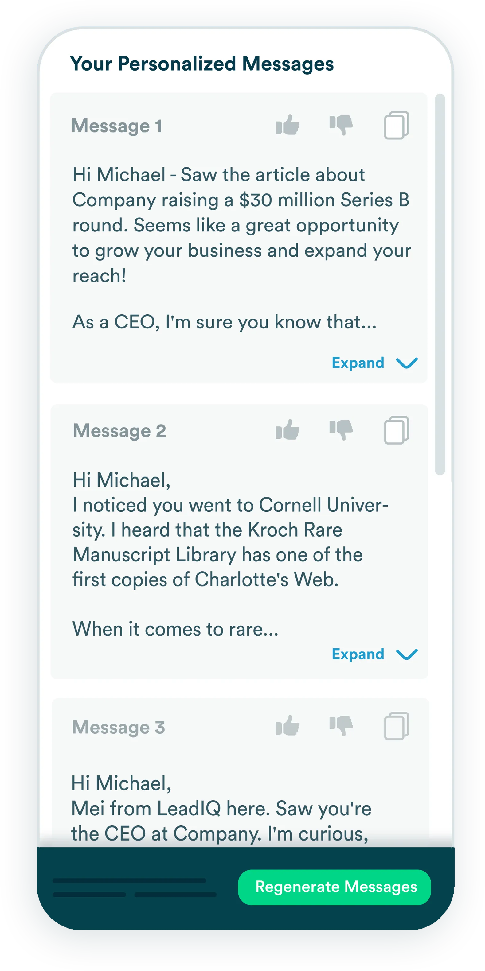 Stylized mockup of LeadIQ Scribe showing 3 auto generated emails.