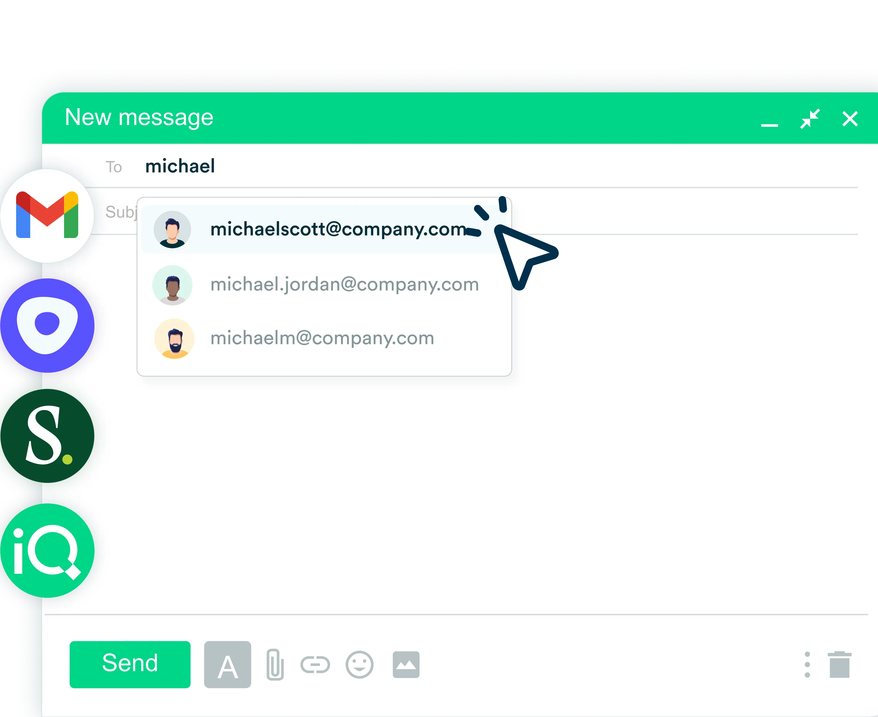 Stylized mockup of an email writter interface, with logos of Gmail, Outreach, Salesloft, and LeadIQ.