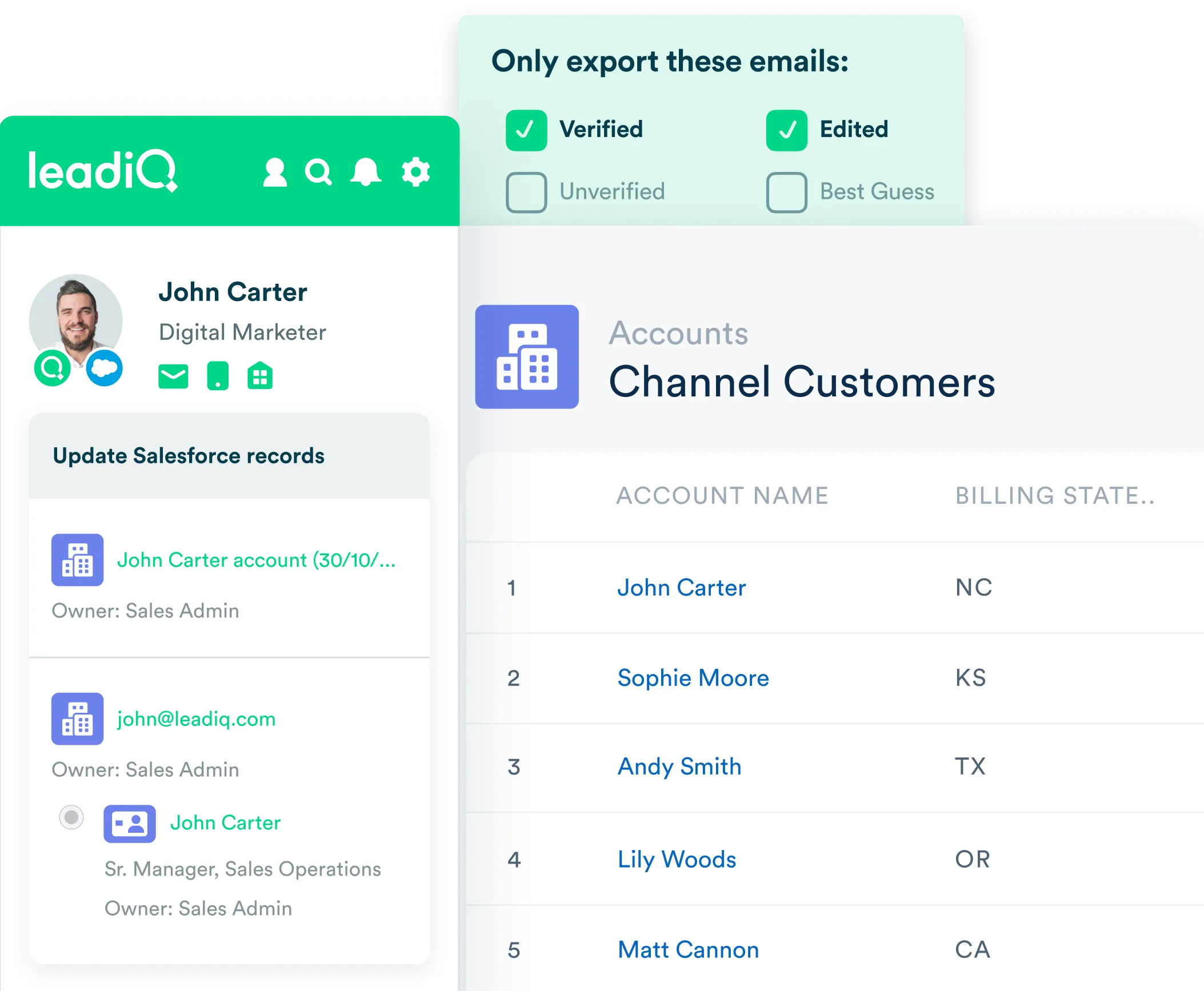 LeadIQ Prospector next to a Salesforce CRM showcasing duplication capabilities.
