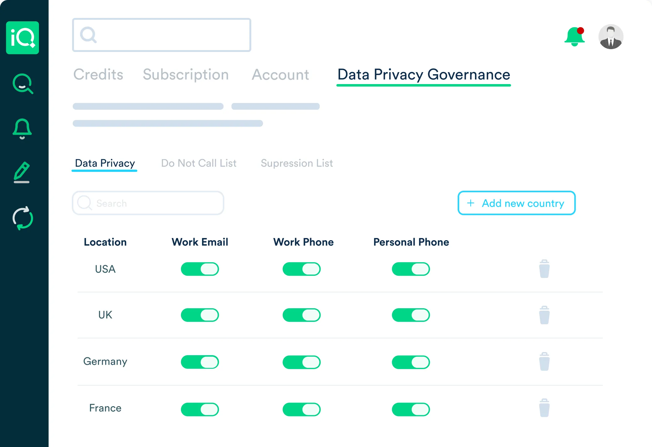 Mockup of LeadIQ data governance capability settings