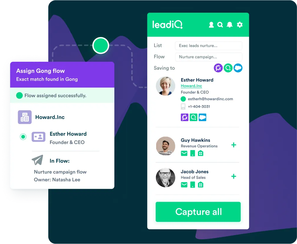 LeadIQ Prospector sending and verifying data with Gong Flow.
