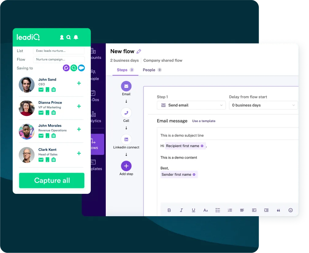 Stylized image of LeadIQ Prospector on top of Gong's user interface.