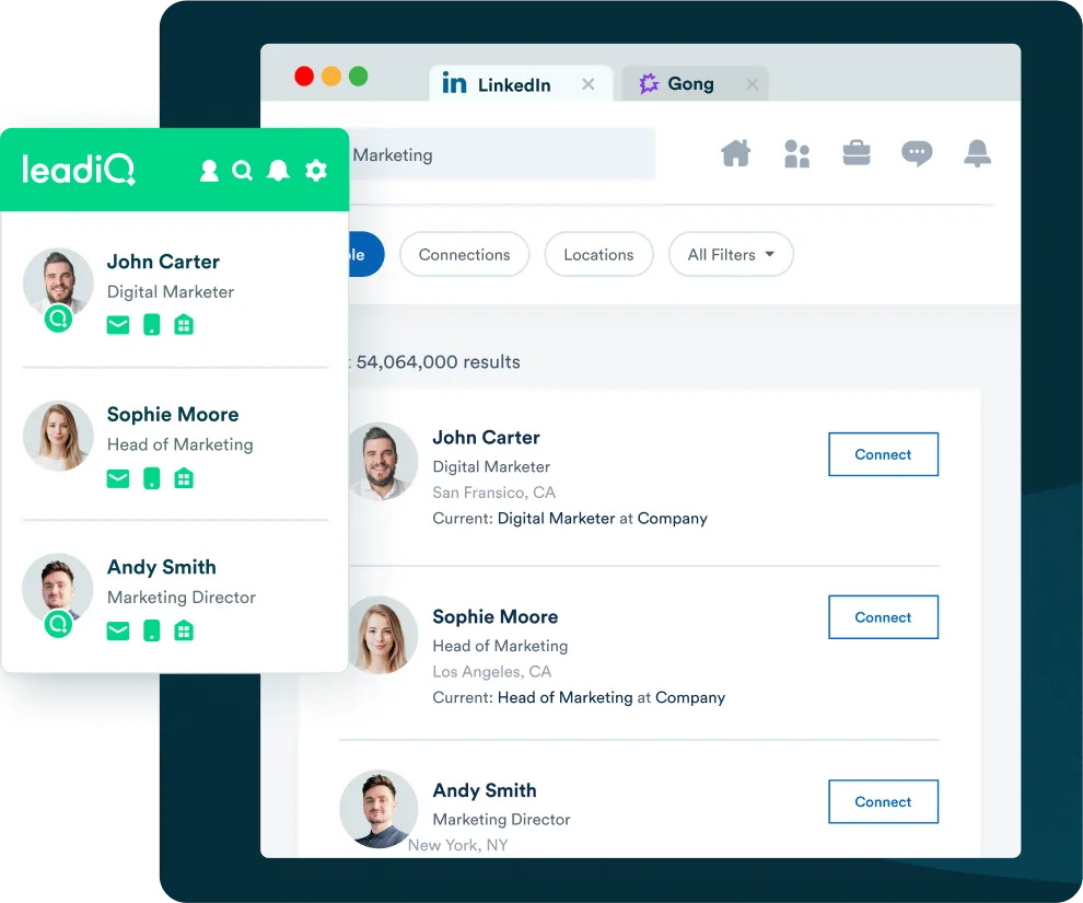 Stylized image of LeadIQ prospector flowing on top of LinkedIn search.