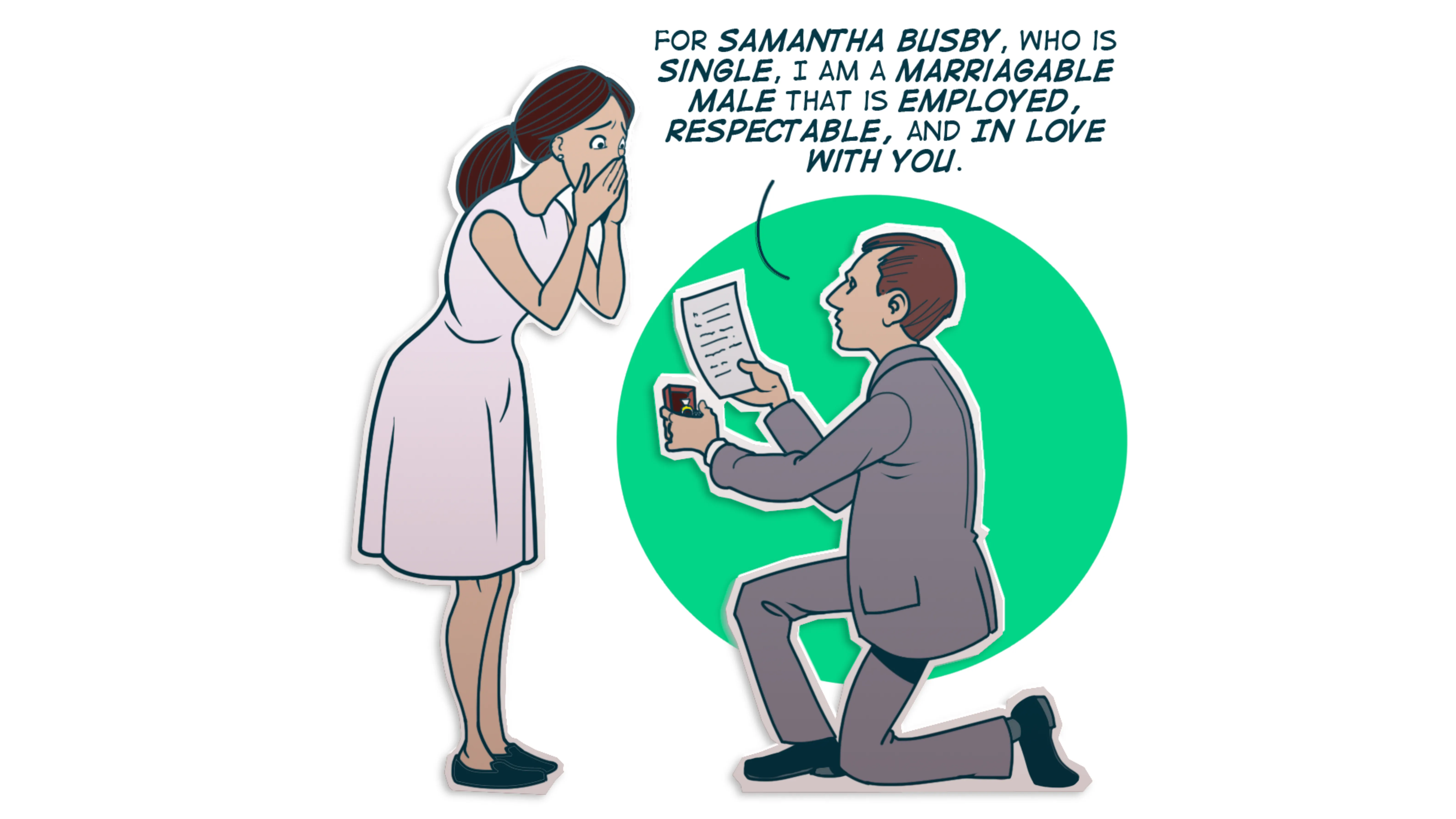 Illustration of man proposing to woman saying, "For Samantha Busby, who is single, I am a marriagable male that is employed, respectable, and in love with you."